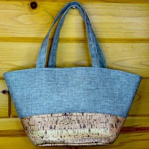 Two-Tone Silver Canvas and Tan Cork Lightweight Tote Bag NWOT
